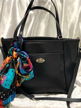 Coach Dark Navy Blue Leather Tote with Multicolor Scarf Accent